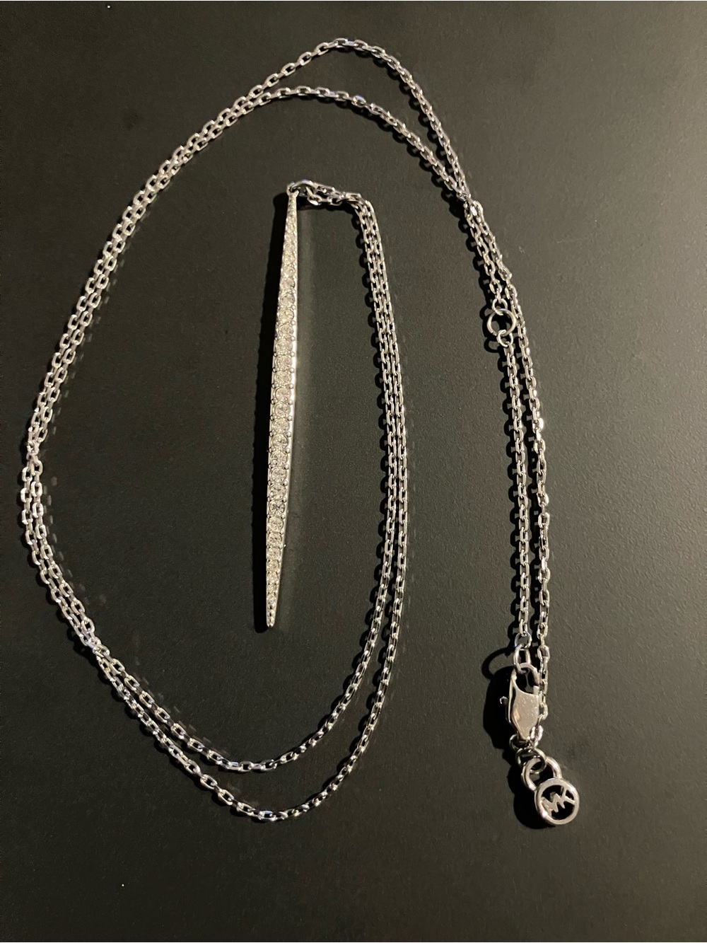 Michael Kors Silver Tone Crystal Matchstick Bar Pendant Necklace MKJ3519